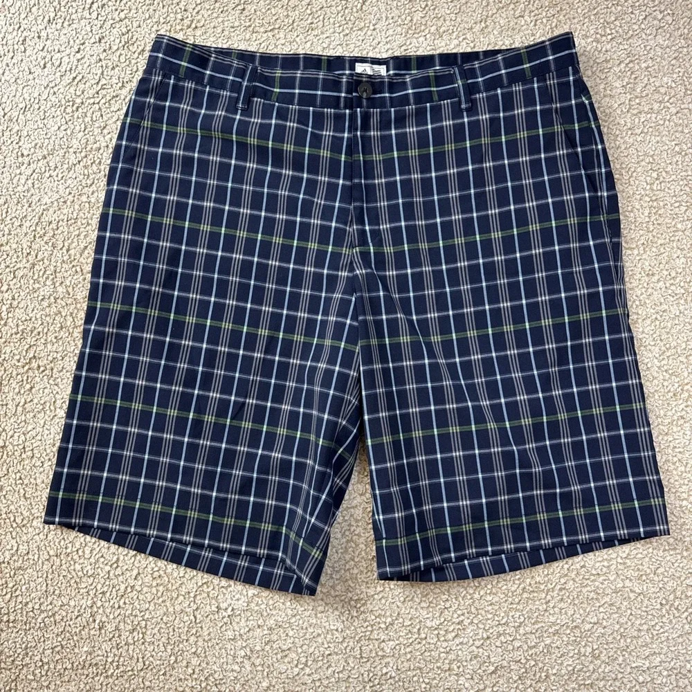 ADIDAS Golf Shorts Mens 38 Black Blue Plaid Casual Chino Outdoor Performance